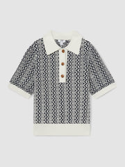 Reiss | Zig-Zag Knit Polo Shirt in Blue/Ivory