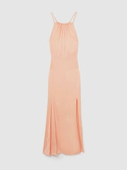 Reiss | Petite Satin Halterneck Maxi Dress in Peach