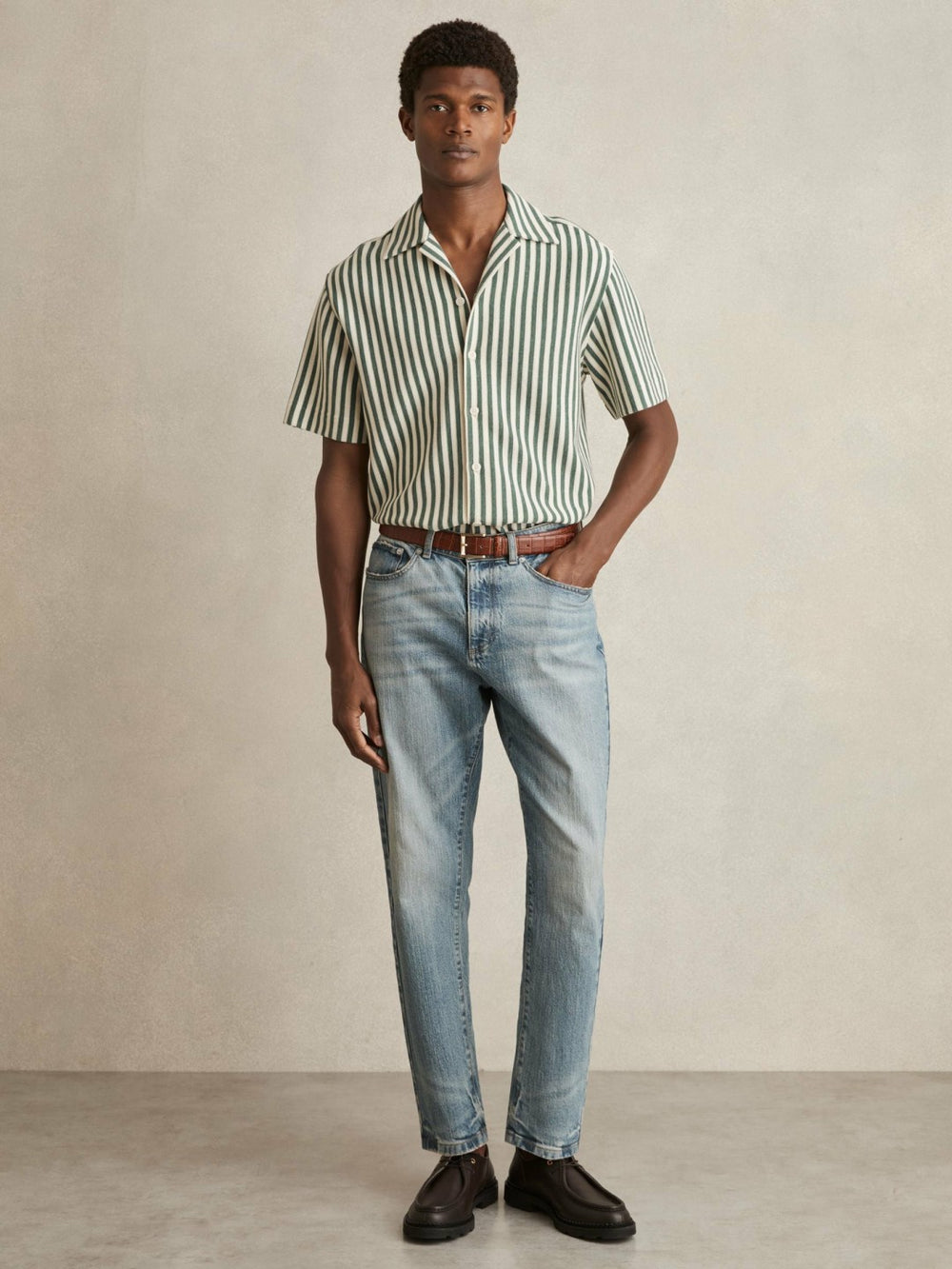 Reiss | Textured Stripe Cuban-Collar Shirt in Green/White