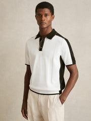 Reiss | Colour-Block Knit Polo Shirt in Optic White/Green