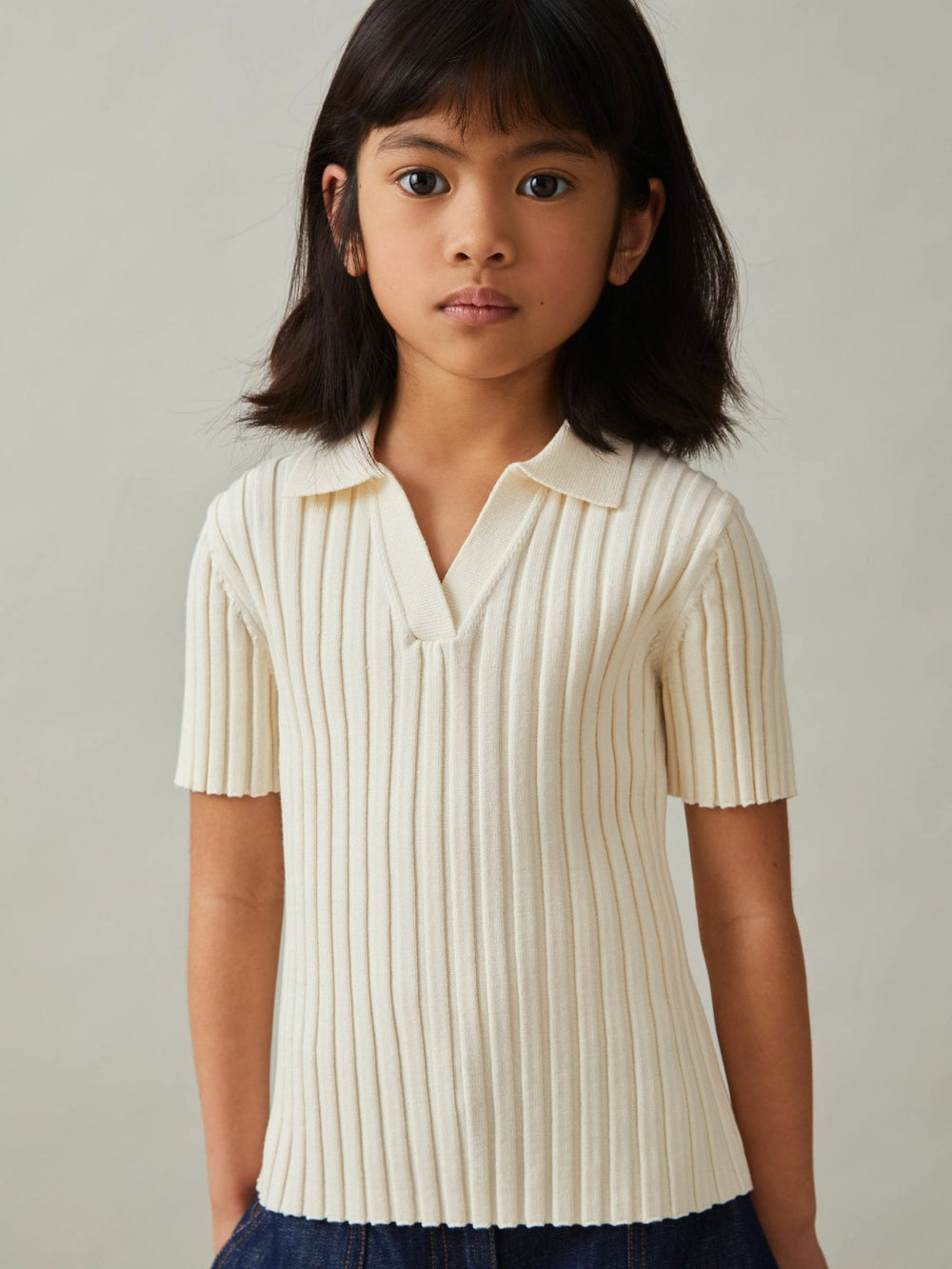 Reiss | 9-13 yrs Rib-Knit Polo Top in Ivory