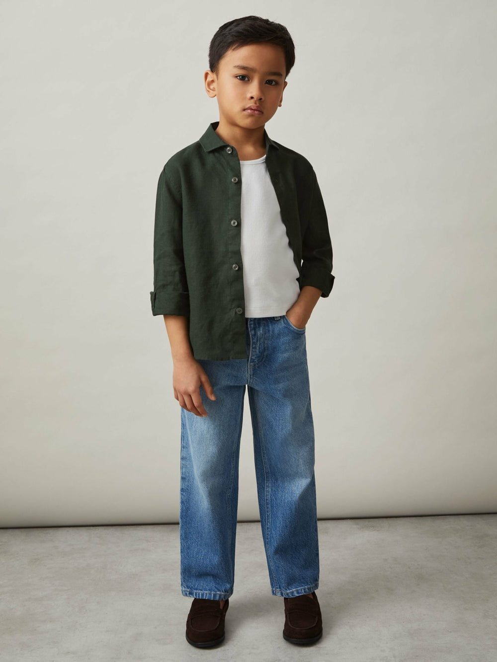 Reiss | 3-9 yrs Linen Cutaway Collar Shirt in Dark Green