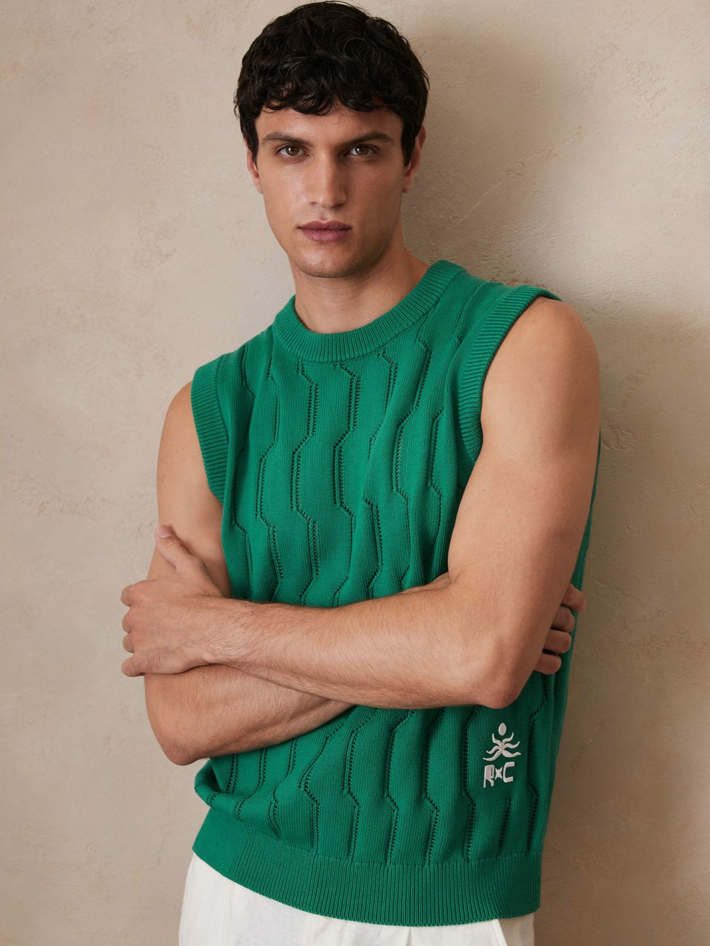 Reiss | Ché Pointelle Crew-Neck Vest in Bright Green