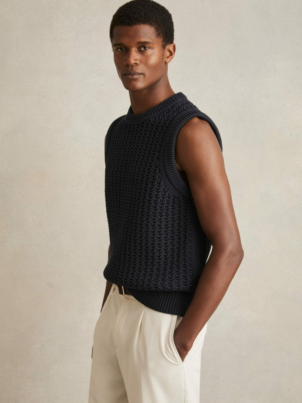 Reiss | Cotton-Blend Crochet Vest in Navy