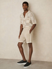 Reiss | Cotton-Blend Crochet Shorts in Taupe/Off White