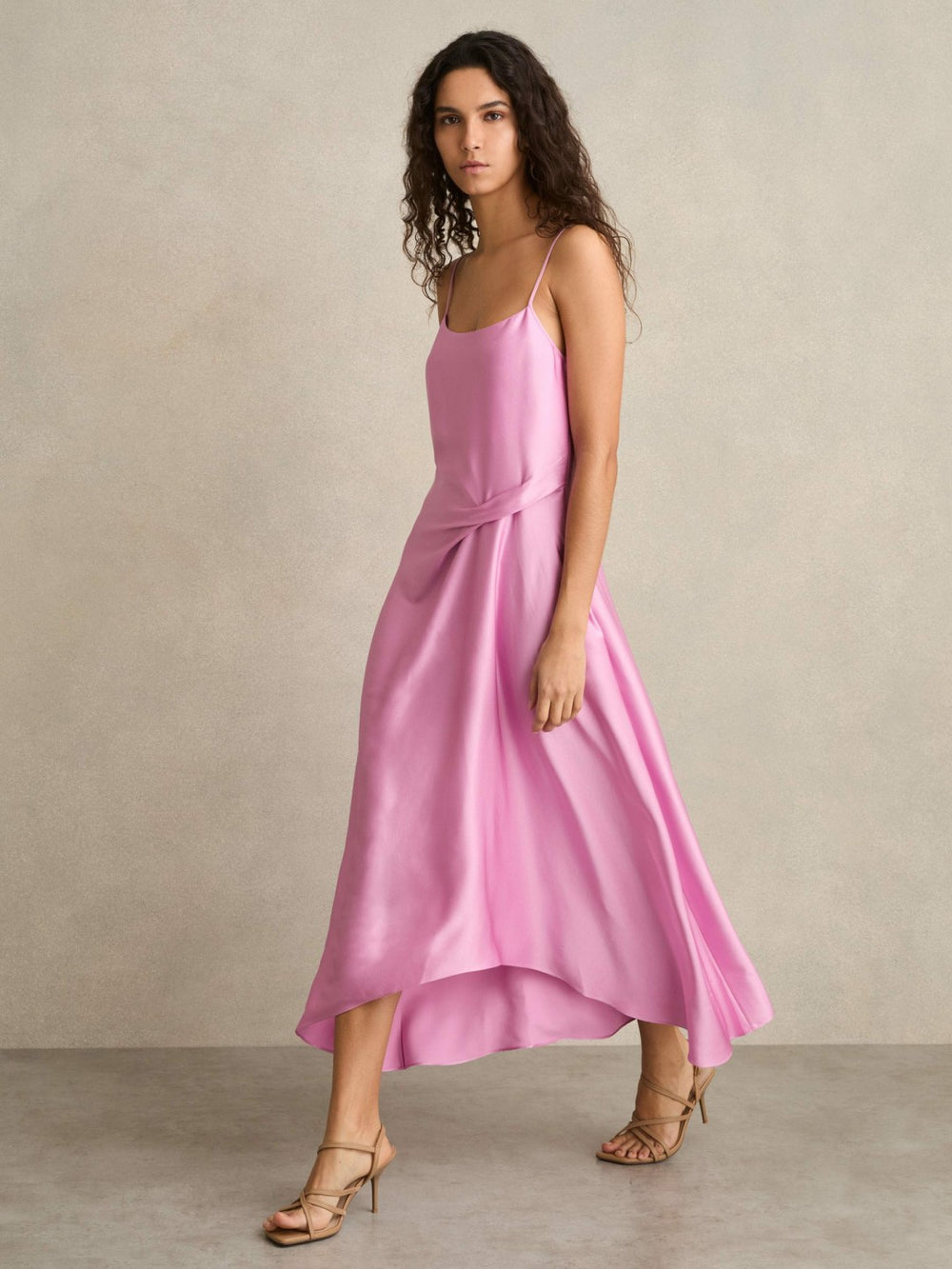 Reiss | Satin Drape-Detail Slip Dress in Pink