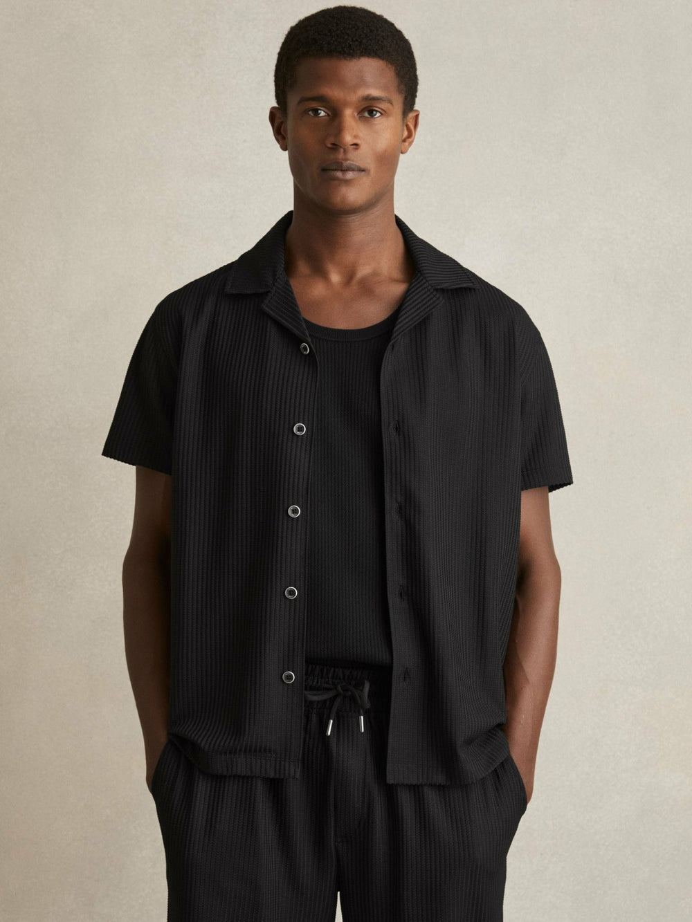 Reiss | Textured-Knit Cuban-Collar Shirt in Black