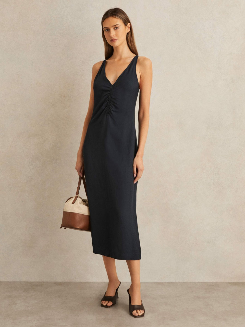 Reiss | Ruched Sleeveless Midi Dress With Linen in Navy
