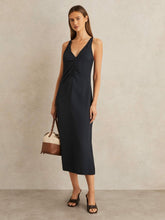 Reiss | Ruched Sleeveless Midi Dress With Linen in Navy