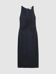 Reiss | Ruched Sleeveless Midi Dress With Linen in Navy