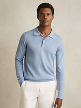 Reiss | Merino Wool Long-Sleeve Polo Shirt in Soft Blue