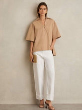 Reiss | Cotton Blend Craft Stitch Collared Top in Camel
