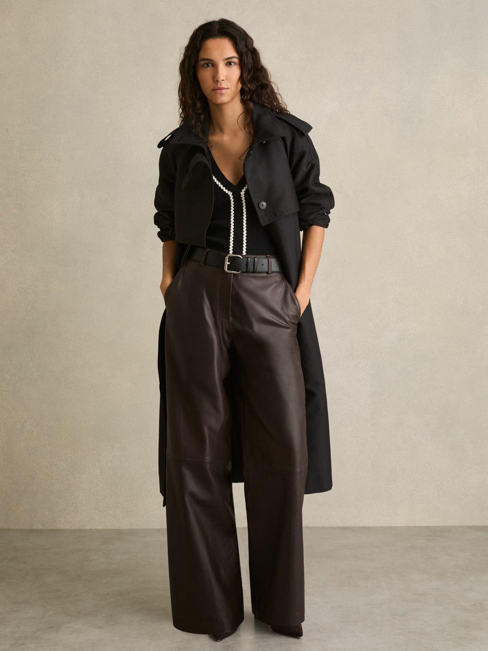 Reiss | Petite Leather Wide Leg Trousers in Chocolate