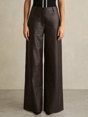 Reiss | Petite Leather Wide Leg Trousers in Chocolate