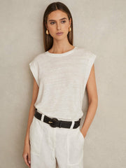 Reiss | Linen Cap-Sleeve T-Shirt in White