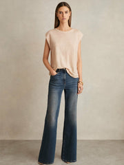 Reiss | Linen Cap-Sleeve T-Shirt in Peach