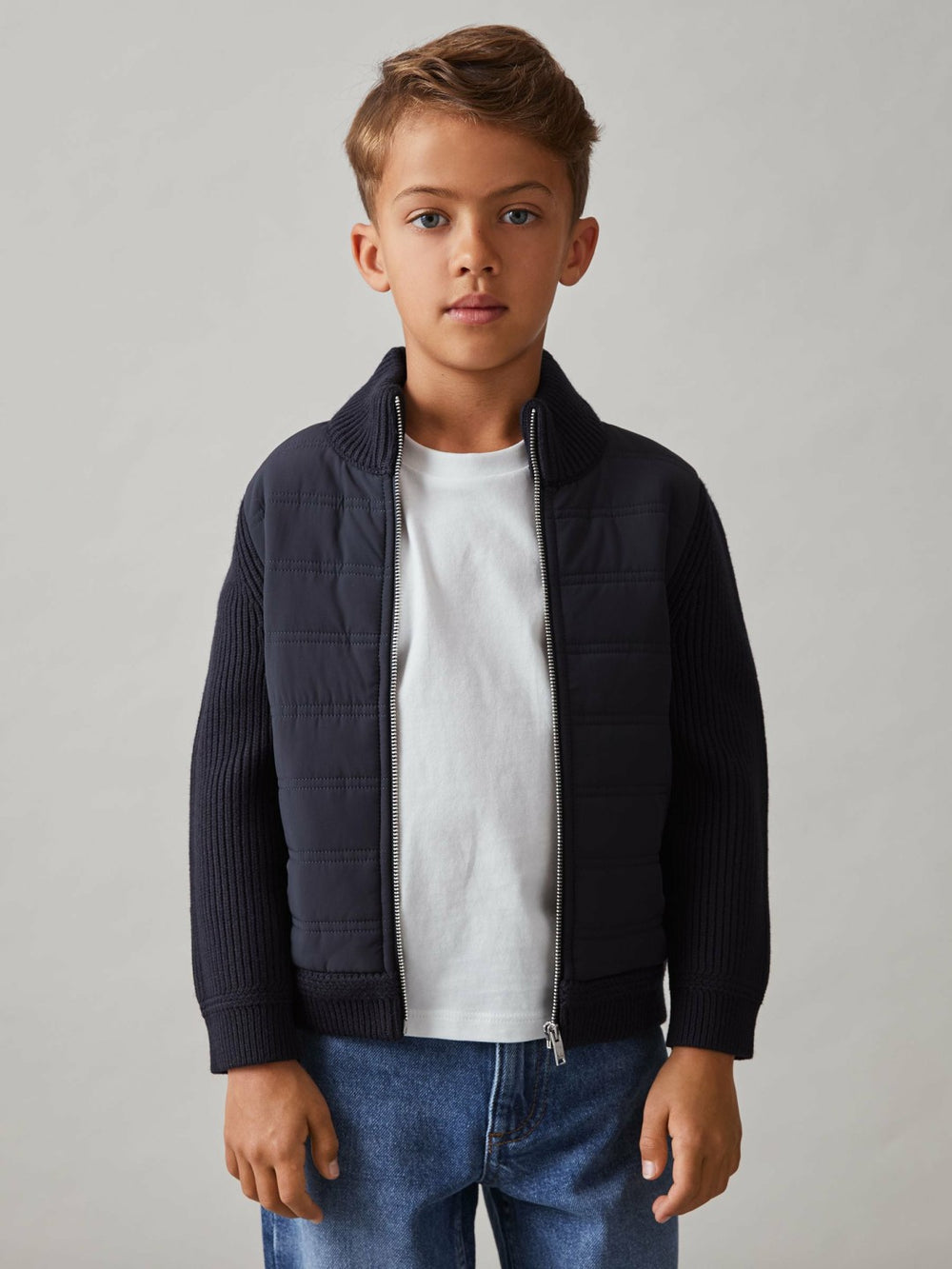 Reiss | 9-13 yrs Hybrid Quilt and Knit Zip Through Jacket in Navy