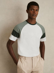Reiss | Mercerised-Cotton Colourblock T-Shirt in White/Sage
