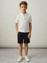Reiss | 9-13 yrs Half-Zip Pointelle Polo Shirt in Off White