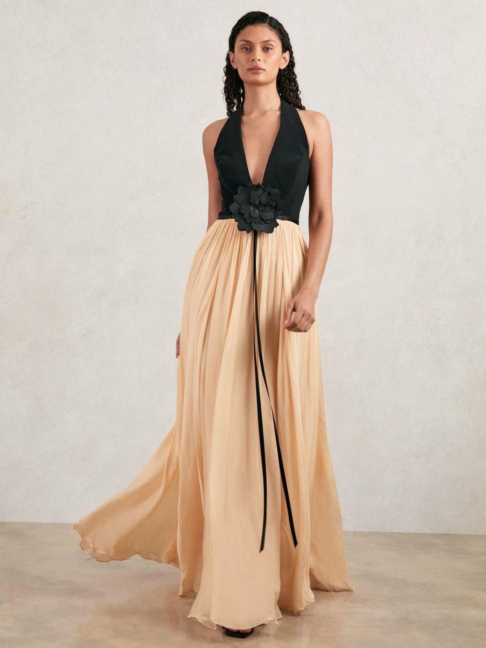 Reiss | Halston Crepe and Chiffon Maxi Dress in Black/Ivory