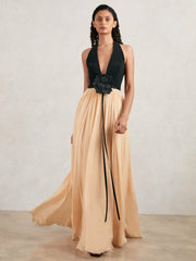 Reiss | Halston Crepe and Chiffon Maxi Dress in Black/Ivory