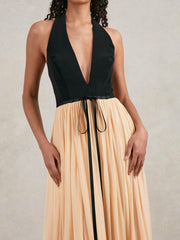 Reiss | Halston Crepe and Chiffon Maxi Dress in Black/Ivory