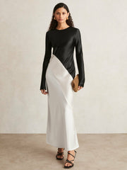 Reiss | Acler Satin Colour Block Midi Dress in Ivory/Black
