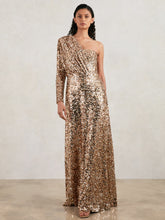 Reiss | Halston Sequin One Shoulder Maxi Dress in Gold