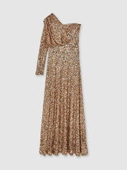 Reiss | Halston Sequin One Shoulder Maxi Dress in Gold