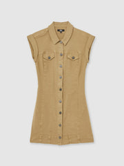 Reiss | Paige Fern Beige Denim Button Through Mini Dress in Fern Beige