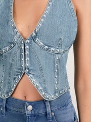 Reiss | Studded Denim Vest in Indigo Blue