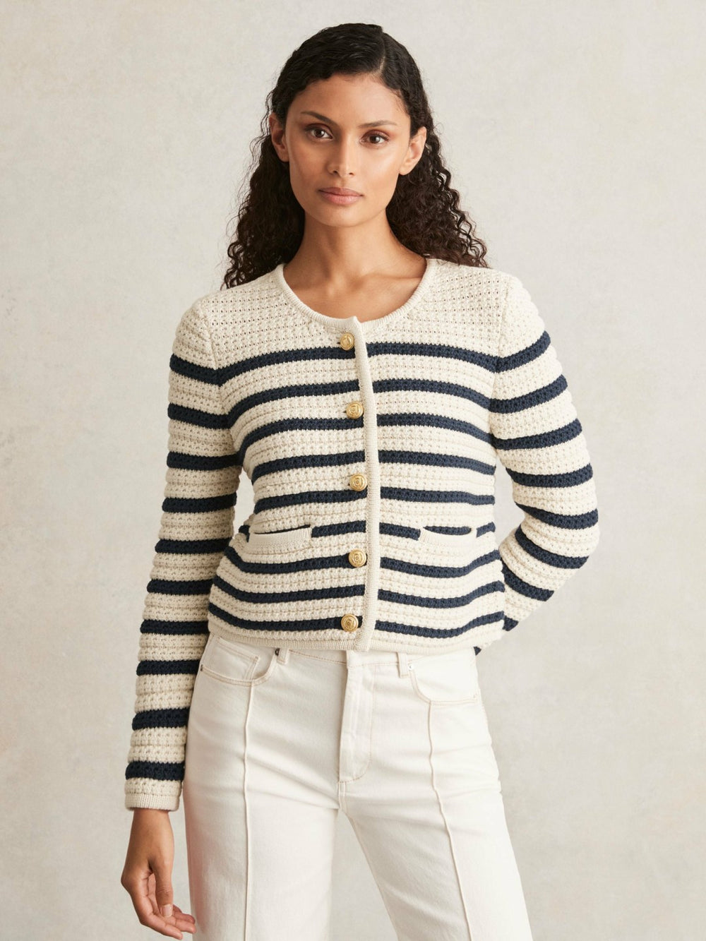 Reiss | Paige Ivory Textured Knit Stripe Cardigan in Ivory