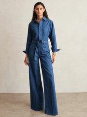 Reiss | Paige Maraya Blue Wide Leg Belted Denim Jumpsuit in Maraya Blue