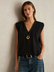 Reiss | Cotton Shoulder-Pad V-Neck Top in Black