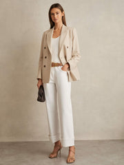 Reiss | Petite Double Breasted Check Blazer With Wool in Neutral Check