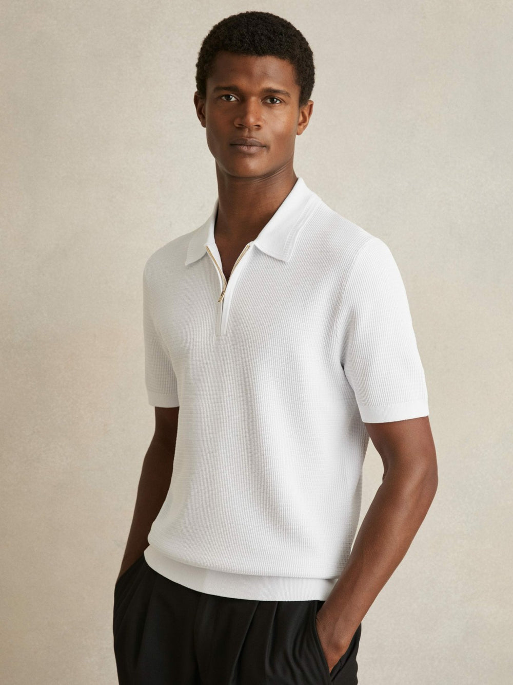 Reiss | Textured Half-Zip Polo Shirt in White