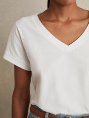 Reiss | Brushed-Cotton V-Neck T-Shirt in White