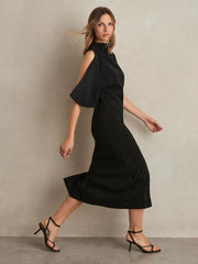 Reiss | Draped-Front High-Neck Midi Dress in Black