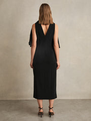 Reiss | Draped-Front High-Neck Midi Dress in Black