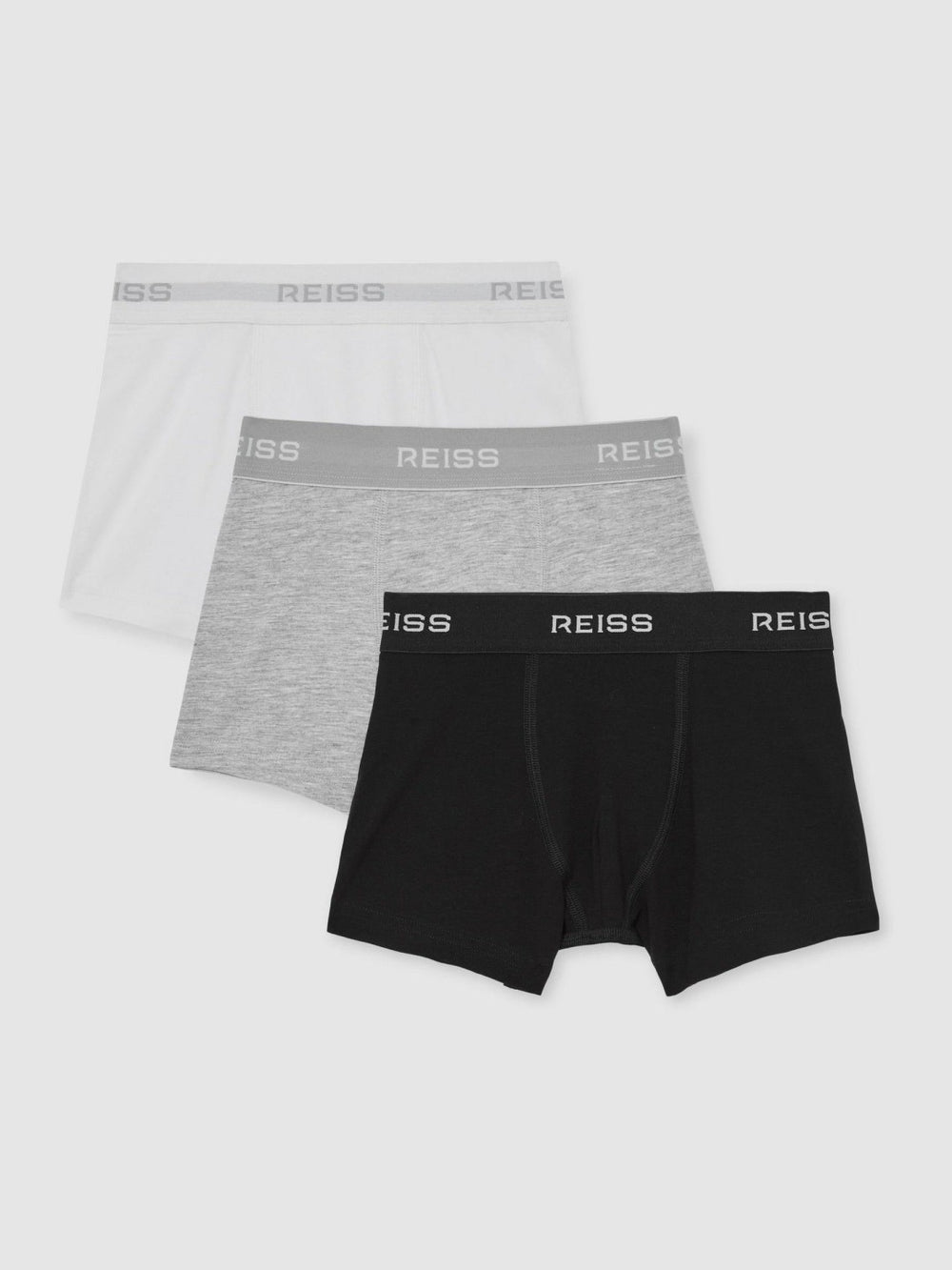 Reiss | 9-13 yrs Stretch-Cotton Logo-Waistband Boxer Shorts 3 Pack in White/Grey/Black