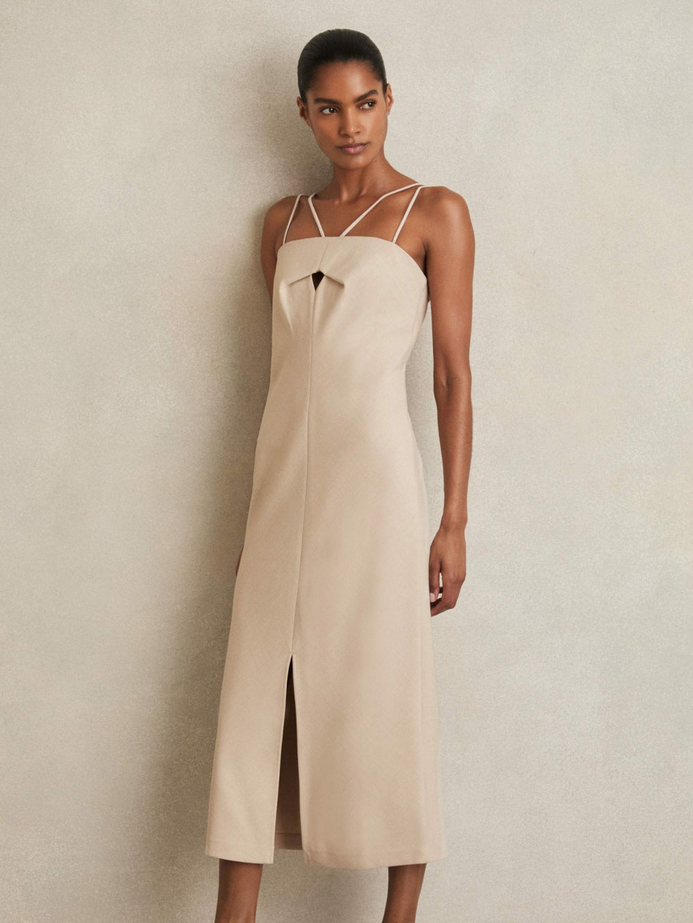 Reiss | Double Strap Cut Out Midi Dress in Stone Neutral
