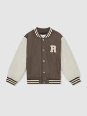 Reiss | 9-13 yrs Colour-Block Varsity Bomber Jacket in Mink Brown/Off White