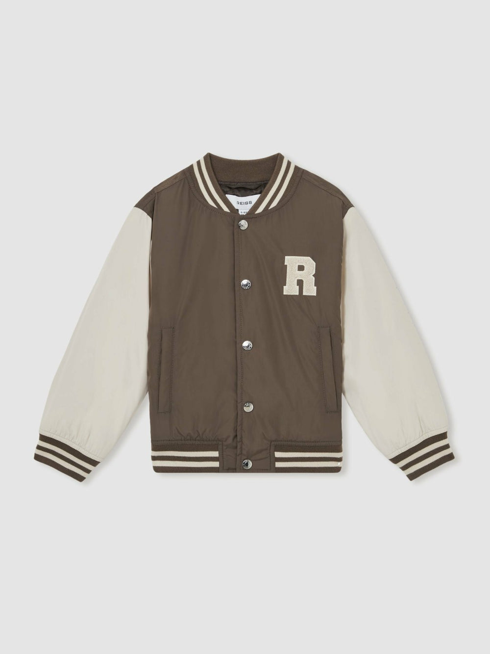 Reiss | 13-14 yrs Colour-Block Varsity Bomber Jacket in Mink Brown/Off White