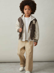 Reiss | 13-14 yrs Colour-Block Varsity Bomber Jacket in Mink Brown/Off White
