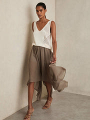 Reiss | Sheer-Overlay High-Low Shorts in Mink Neutral