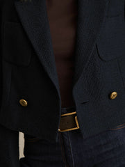 Reiss | Double-Breasted Textured Cropped Blazer with Wool and Cotton in Navy