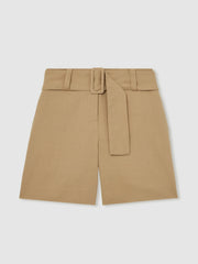 Reiss | Cotton-Blend Belted Shorts With Linen in Camel