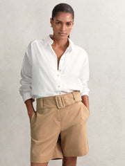 Reiss | Cotton-Blend Belted Shorts With Linen in Camel