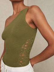 Reiss | Lace-Knit Detail One-Shoulder Bodysuit in Green