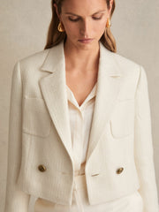 Reiss | Double-Breasted Textured Cropped Blazer with Wool and Cotton in White